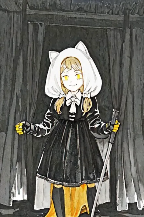 glowing yellow eyes, studio light, uturistic, closed_eyes, collared dress, smile:1.0, black bow, autumn lights, thick, oversized hood, disappointed, robotic legs, pretty face, illusion, high detail raw color photo, plate, color ink wash painting