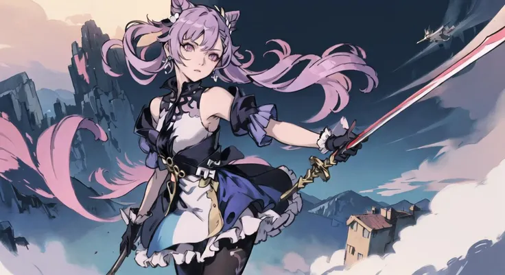 <lora:yoneyamaMaiStyleLora_yoneyamaMaiV2:0.33>
(extremely_beautiful_and_delicate:1.3),(pastel:1.6),(official_art:1.3),(illustration:1.6),(masterpiece:1.2),(best_quality:1.3),(dynamic_angle_and_pose:1.0),
keqing \(genshin impact\), channels the power of the elements through her sword, sending waves of energy rippling through the air. She moves with incredible speed and agility, striking with deadly precision and sending her opponents flying with each devastating blow, atop a high mountain peak, with the clouds and lightning swirling around her. The wind whips through her hair as she charges towards her opponent, her sword crackling with energy.<lora:keqingGenshinImpact3in1_v10:1>
pantyhose, hair bun, purple hair, gloves, twintails, long hair, purple eyes, diamond-shaped pupils, bare shoulders, hair ornament, black pantyhose, cone hair bun, detached sleeves,dress, jewelry, medium breasts, earrings, bangs, frills, purple dress, black gloves, braid, skirt,
(extremely_beautiful_and_delicate:1.3),
(4K:1.3),++//++//++,++//++//++//++//,(extremely_beautiful_and_delicate:1.1),(ultra_detailed:1.3),(delicate:1.3),(realistic:1.0),
(beautiful_eyes:1.3),(beautiful_face:1.3),(beautiful_hair:1.3),(direct_lighting:1.6),sharp,