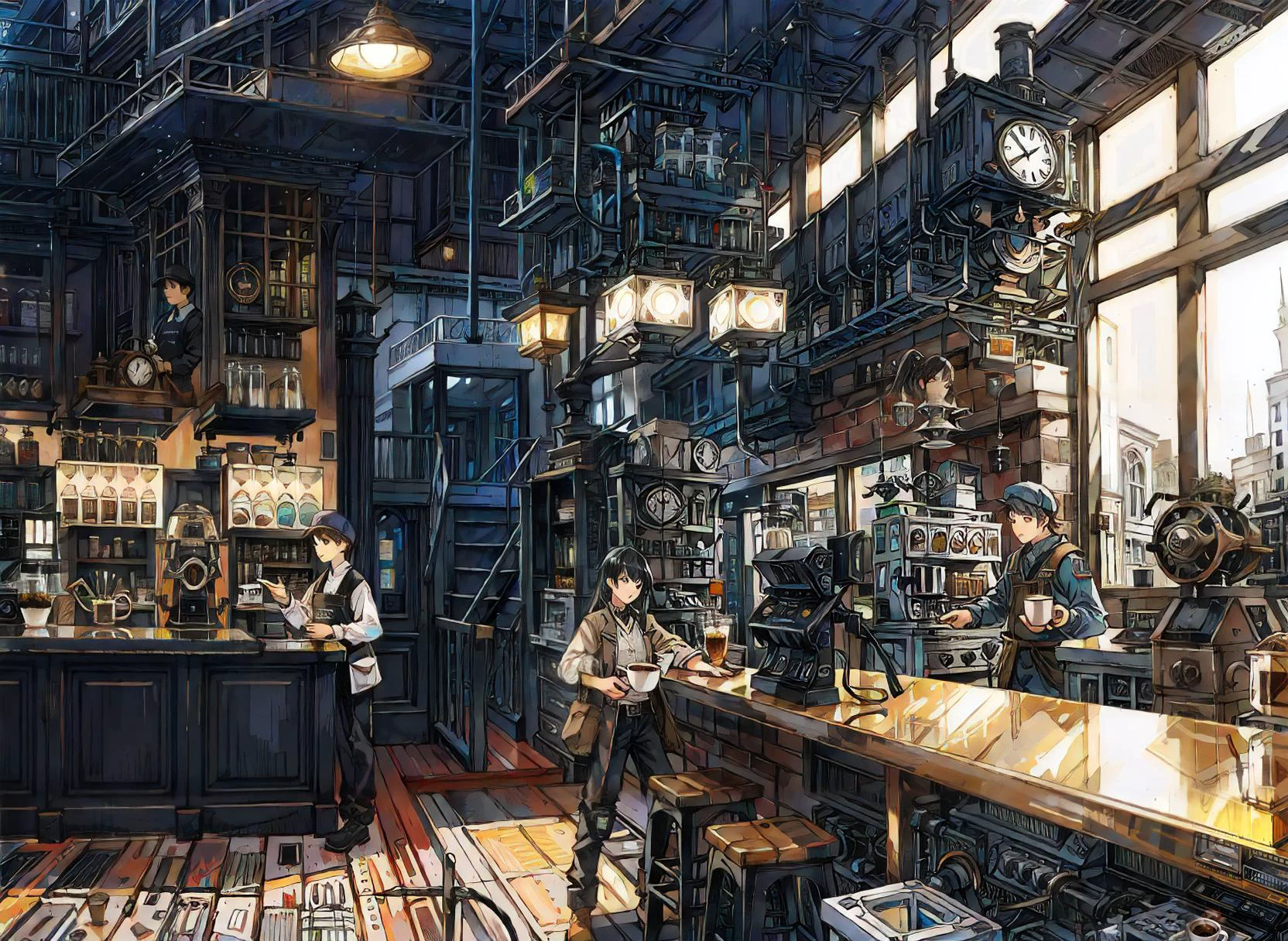 old futuristic coffeeshop seen,a barista behind the counter making coffee,and a girl drinking coffee,and a boy standing by the side of counter drinking coffee,(Akihiko Yoshida:0.077),(steampunk:0.337),(a digital rendering:0.314),(photorealism:0.192),