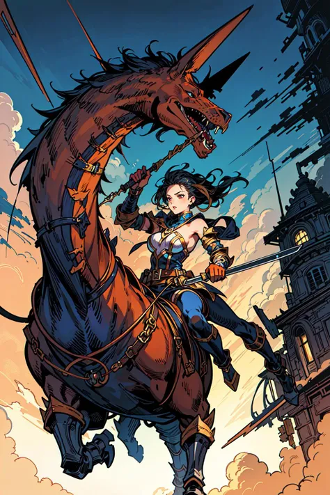 (masterpiece),(best quality:1.6), (ultra-detailed),girl riding creature, guro creature,detailed background, dynamic action
