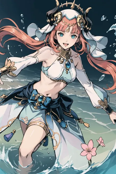 (extremely_beautiful_and_delicate:1.3),(pastel:1.6),(official_art:1.3),(illustration:1.6),(masterpiece:1.2),(best_quality:1.3),(dynamic_angle_and_pose:1.0), (dutch angle:1.2),
happy face, joyful look, smile, cute, kawaii, big round eyes, looking at viewer, :d, open mouth, shout,
nilou \(genshin impact\) channels the power of the water through her sword, sending waves of ripples splashes through the air, She moves with incredible speed and agility, striking with deadly precision and sending her opponents flying with each devastating blow, atop a high mountain peak, with the breeze and liquid particles swirling around her. The wind whips through her hair as she charges towards her opponent, her sword crackling with water energy.
<lora:nilouGenshinImpact_v10:0.9> nilou (neither flower nor mist) (genshin impact), aqua eyes, fake horns, red hair, long hair, crop top, jewelry, horns, veil, bracer, brooch, long sleeves, puffy long sleeves, skirt, bangs, twintails, puffy sleeves, neck ring, gold trim, parted bangs, circlet, blue skirt, hair ornament, detached sleeves, low twintails, floating hair, gem, hair flower, blue gemstone, dancer, white headwear, midriff, very long hair
(extremely_beautiful_and_delicate:1.3),
(4K:1.3),++//++//++,++//++//++//++//,(extremely_beautiful_and_delicate:1.1),(ultra_detailed:1.3),(delicate:1.3),(realistic:1.0),
(beautiful_eyes:1.3),(beautiful_face:1.3),(beautiful_hair:1.3),(direct_lighting:1.6),sharp,
cool,sword
