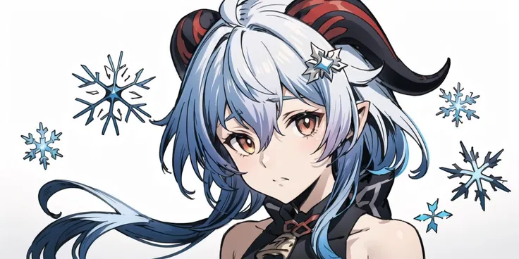 1girl, close up, portrait, cowboy shot, long hair, low twintails, flowing hair, ice, snowflakes, hair ornament, ganyu, horns with red lines, bare shoulder, ((white hair)), (blue hair), (gradient hair :1.4), looking at viewer, <lora:ganyuGenshinImpact_offset:1>
