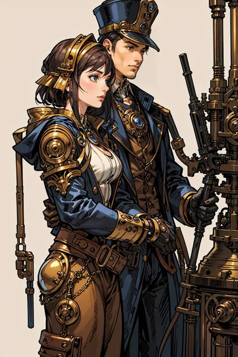 (masterpiece),(best quality:1.6), (ultra-detailed),girl with man,mechanical scape, steampunk ,detailed background,