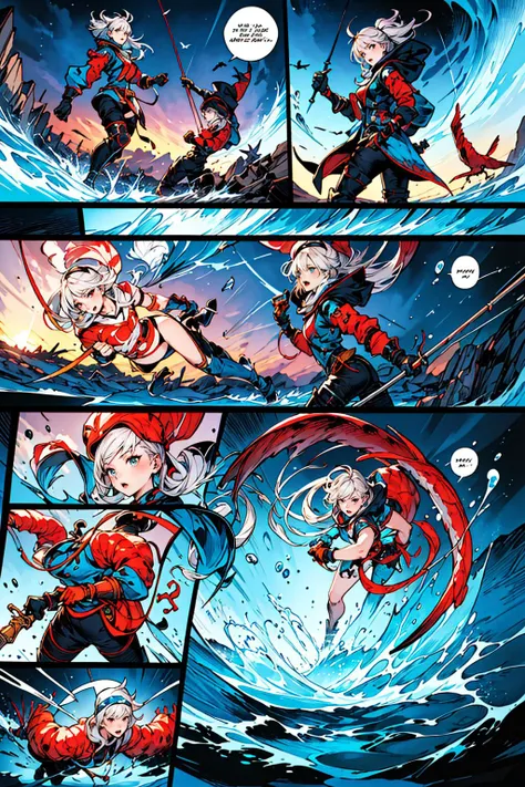 ((masterpiece)), (best quality), official art, extremely detailed CG, unity 8k wallpaper, ultra detailed,
multiple girls, multicolored_clothes, shrimp tempura, aurora, fishing, bird, clothed_animal, speech bubble,
comic_panel_layout, <lora:mangapolonia:0.9>