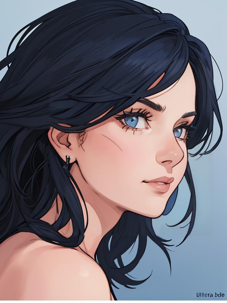 A drawing of a woman with long black hair and blue eyes - SeaArt AI