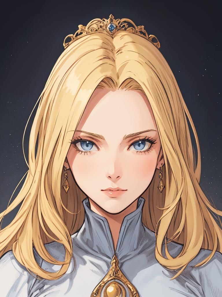 A woman with blonde hair and blue eyes wearing a tia - SeaArt AI