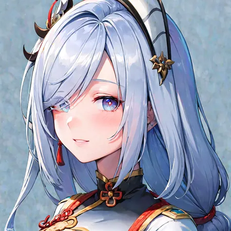 (((masterpiece))),(((masterpiece portrait:1.5))),(best quality), (wallpaper), (8k hd),(((Large breasts))),shenhe (genshin impact),solo,((((looking at viewer:1.25))))head sculpture:1.5,upper body, perfect hands,(frontal view), long hair, white hair, braid hair ornament, chinese clothes , (silver blue eyes) , hair over one eye, (hair ornament) ,white chinese breast curtain, tassel earpiece,smile <lora:shenheLoraCollection_shenheMedium:1>,;|<lora:liyueGenshinImpact_v10:0.9>