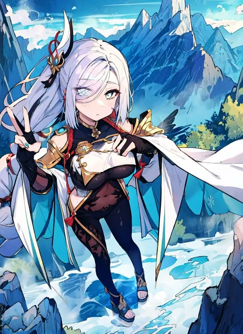 1girl, from above, standing,
long hair, very long hair, white hair, braided ponytail, hair over one eye, bangs, sidelocks
blue eyes, gradient eyes
large breasts, one eye covered
black bodysuit, brown bodysuit, breast curtain, hip vent, covered navel, shoulder cutout, elbow gloves, black gloves, partially fingerless gloves/bridal gauntlets, toeless footwear, high heels, (white cloth:1.3), gold trim,
tassel earrings, hair ornament, toenail polish
outdoors, mountains,
<lora:shenhe:1>
<lora:karasuChan-20:1>