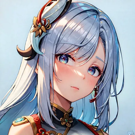 (((masterpiece))),(((masterpiece portrait:1.5))),(best quality), (wallpaper), (8k hd),(((Large breasts))),shenhe (genshin impact),solo,((((looking at viewer:1.25))))head sculpture:1.5,upper body, perfect hands,(frontal view), long hair, white hair, braid hair ornament, chinese clothes , (silver blue eyes) , hair over one eye, (hair ornament) ,white chinese breast curtain, tassel earpiece, <lora:shenheLoraCollection_shenheMedium:1>,;|<lora:liyueGenshinImpact_v10:0.9>