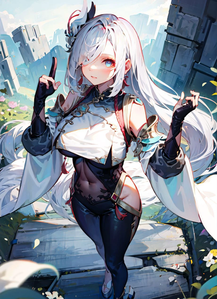 1girl, from above, standing,
long hair, very long hair, white hair, braided ponytail, hair over one eye, bangs, sidelocks
blue eyes, gradient eyes
large breasts, one eye covered
black bodysuit, brown bodysuit, breast curtain, hip vent, covered navel, shoulder cutout, elbow gloves, black gloves, partially fingerless gloves/bridal gauntlets, toeless footwear, high heels, (white cloth:1.3), gold trim,
tassel earrings, hair ornament, toenail polish
outdoors, mountains,
<lora:shenhe:1>
<lora:add_detail:0.2> <lora:MukStyle-27:1:OUT8> <lora:squeezer_:-1>