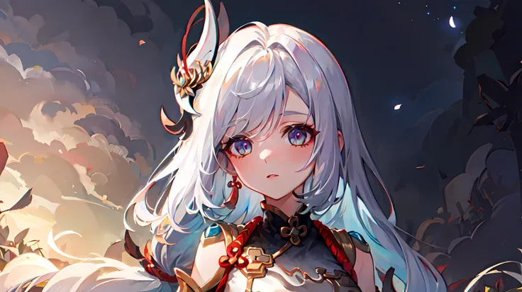 1girl, solo, shenhe \(genshin impact\), <lora:shenheLoraCollection_shenheHard:1>,night sky, silver hair, very long hair, high quality,(best quality:1.5), 8k, masterpiece, ultra high res