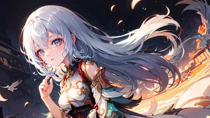 1girl, solo, shenhe \(genshin impact\), <lora:shenheLoraCollection_shenheHard:1>,night sky, silver hair, very long hair, high quality,(best quality:1.5), 8k, masterpiece, ultra high res