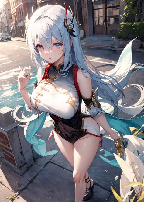 (masterpiece, best quality, ultra-detailed, highres), perfect face, sidelighting, lustrous skin, standing,
(bloom), (shine), lighting, ray tracing, sci-fi, city, street, outdoor, depth_of_field,
<lora:shenheLoraCollection_shenheMedium:0.5>, shenhe \(genshin impact\), silver eyes , hair over one eye, (hair ornament) , breast curtain, high heels, long hair, <lora:waterVFX:0.6>, whirlwind of water