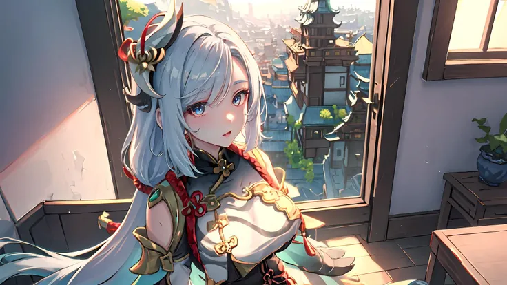 (masterpiece), (best quality), (wallpaper), (8k hd),<lora:shenheLoraCollection_shenheMedium:1>,<lora:liyueGenshinImpact_v10:0.9>,1girl,(((solo:1))),solo focus,tall female,long hair,white hair,braid hair ornament,underboob cutout,chinese clothes,silver eyes,hair over one eye,(hair ornament),white chinese breast curtain,tassel earpiece,high heels,large breasts,wide hips,sharp face,jewel-like eyes,shenhe (genshin impact),braid hair ornament,serious,sitting, dawn, window view, massive cityscape, beautiful view, dim-lit ambience, {correct posing}, {detailed clothing}, {detailed body}, {correct body anatomy}, {extremely beautiful and delicate anime face and eyes}, {minute details}, {intricate details}, {delicate}, ((((depth of field)))), mouth closed,chair