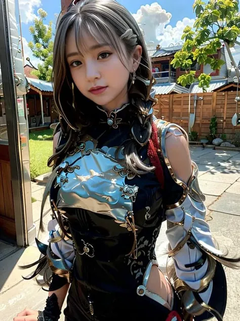 ((shenhe \(genshin impact\))),1girl,blue_sky,braid,breasts,cloud,cloudy_sky,covered_navel,earrings,gloves,hair_ornament,large_breasts,letterboxed,long_hair,((silver_hair:2)),single_braid,solo,tassel,very_long_hair,((white_hair:1.5)),chinese clothes, ,chinese clothes:1, bodysuit under clothes,black bodysuit,corset,black clothes:1.4<lora:japaneseDollLikeness_v10:0.2>,<lora:koreanDollLikeness_v15:0.6> <lora:shojovibe_v11:0.2> <lora:chilloutmixss_xss10:0.3>((originale xtremely detailed 8K wallpaper))((ultra high res, 8K, RAW photo, best quality,masterpiece:1.47746,realistic:1.4,photo-realistic:1.4,cinematiclighting:1,intricate details:1,raw photo:1,extremely beautiful detailed
))(((ultra-detailed:2))),professional lighting,((physically-based rendering:1)), ((ruddy skin:1,shiny skin,sweat))lens flare,ray tracing ,(extremely detailed face, extremely detailed eyes,expressive hair:1.5,shiny hair;1)cinematic lighting,(vivid expression) (body muscle:1) solo(1girl:1.5)((smiling:1),(plump figure:1,blance body:1)(realistic hand,realistic clothes,background detailed)(upper body:1.4)
