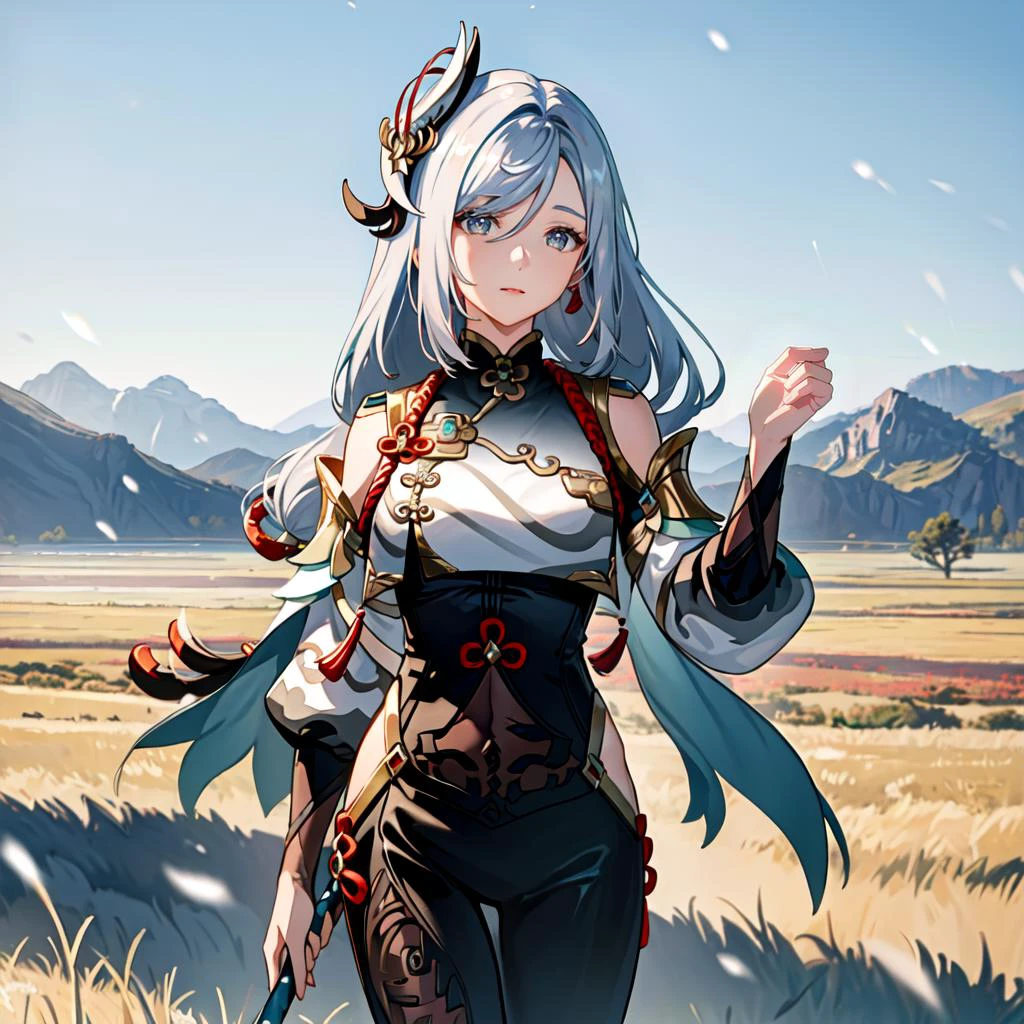 (8k, RAW photo, best quality, masterpiece:1.2), ulra high res, (photorealistic:1.4), 1girl,thighhighs, (Kpop idol),(aegyo sal:1),((puffy eyes)), silver eyes, looking at viewer,(realistic, photo-realistic:1.37),1girl, (cool face:0.6), professional lighting, photon mapping, radiosity, physically-based rendering,shiny hair, long hair,hair_ornament,hair_between_eyes, long_hair, (silver_hair:1.2),bangs, genshin impact, shenhe \(genshin impact\), Shenhe \(genshin impact\), grass field, mountains background, Shenhe, <lora:koreanDollLikeness:0.1>, <lora:taiwanDollLikeness_v20:0.1>, <lora:Shenhe_Hard:1.1>, (half body shot: 1.5), standing, (long spear in hand: 1.5), snow flakes effect, white sparkling effect,