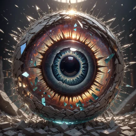 A giant glass eye in an ethereal void, shattered with large pieces breaking away, god rays behind that shine through creating brilliant colours, 8k, highly detailed, intricate sharp details