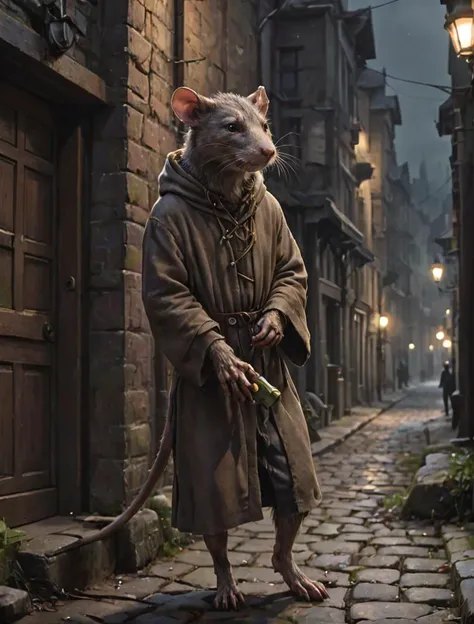 rendition, why is a rat disguised as a plaque-doctor trying to find a cure in my medieval town-enter in the middle of the night?, suspicious, cinematic, deep shadows, concept art, digital art, perfect composition, detailed, high resolution, low saturation, lowkey, Low Contrast, feral, <lora:- SDXL - stnerfx _Stoned_Fox_Style_V4.0:0.5>