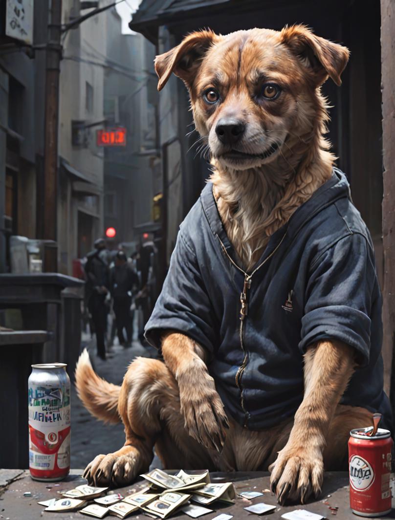 Arafed dog sitting on a table with a can of beer and money - SeaArt AI