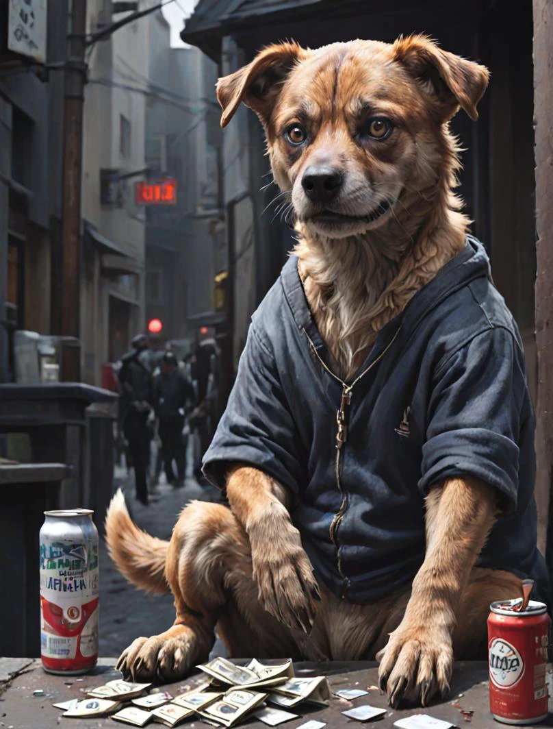 rendition, why is the dog disguised as a shifty (side-eyeing:1.2) incompetent gangster which is selling cocaine?, suspicious, strange, cinematic, deep shadows, concept art, oil panting, digital art, perfect composition, detailed, high resolution, low saturation, lowkey, Low Contrast, feral, <lora:- SDXL - stnerfx _Stoned_Fox_Style_V4.0:0.6>