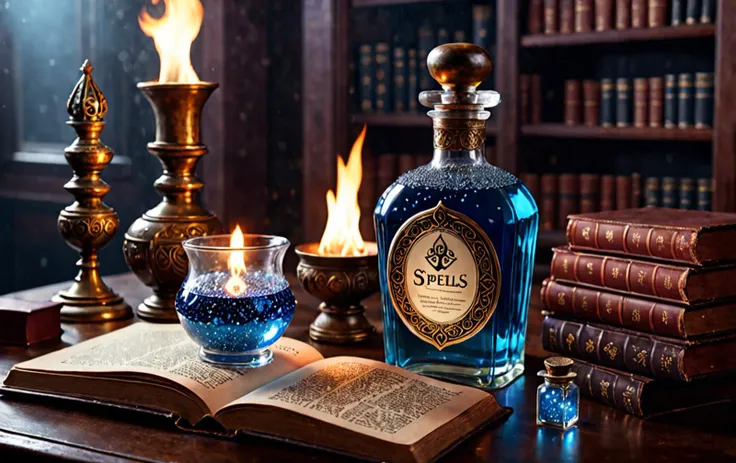 cinematic photo portrait, reality
magician brewing potion (blue glimmering bottle), victorian intricate style desk,
burning oil sparkles, steamy book of spells, leatherbound . 35mm photograph, film, bokeh, professional, 4k, highly detailed