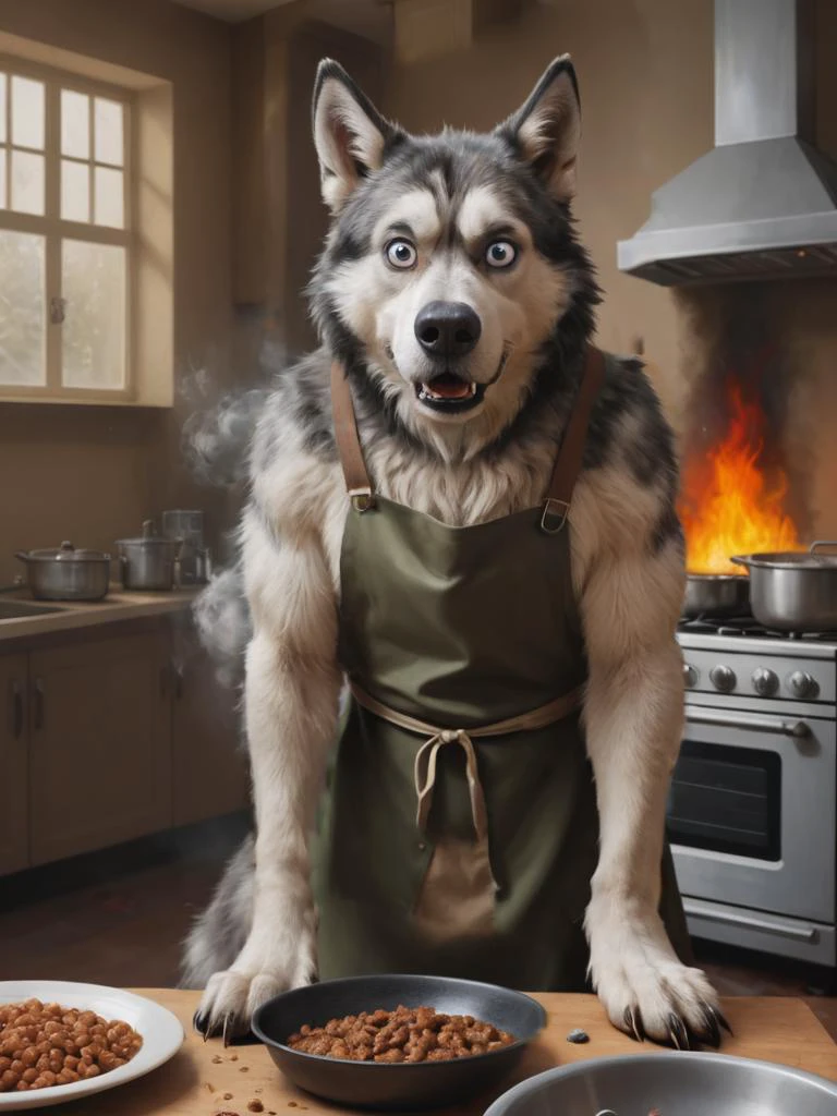 table, a rendition of a of a feral dirty husky wearing an apron and he has a confused expression in front of dirty dishes and cooking dog food with his clumsy paws while the, (food is charred and smoking:1.2), charred fur, detailed, high resolution, concept art, oil panting, digital art, cinematic, dramatic light, low saturation, lowkey, Low Contrast, War Photography, <lora:- SDXL_AI-Breaker_BaseXL_V2:.2>, <lora:SDXL - Slider - confused:7>
