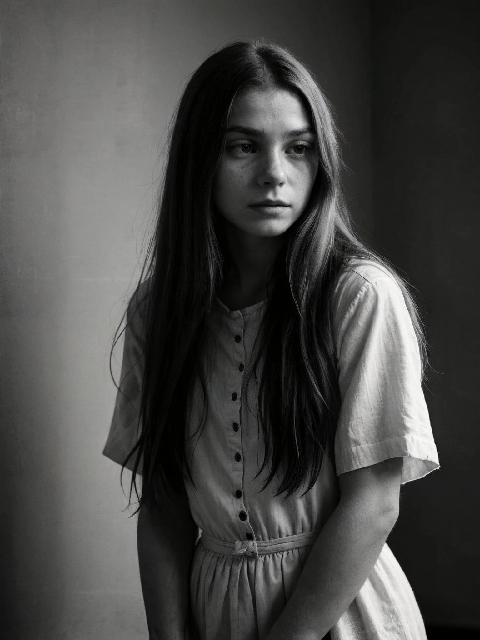 RAW candid photo, (cotton shift:1.7),
an intimate black-and-white photograph capturing the natural beauty and vulnerability of a young woman with long hair, revealing a deep connection with the human form and an exploration of the intersection between innocence and sensuality,
displaying a nuanced interplay of light and shadow, creating a timeless and evocative quality that invites viewers to reflect on the complexities of identity, self-acceptance, and the evolving nature of human relationships,
in the style of Jock Sturgess,
(captured with an 8x10 Deardorff), monochrome,
<lora:RMSDXL_Enhance:1>,
<lora:add-detail-xl:0.8>,
<lora:RMSDXL_Darkness_Cinema:1>