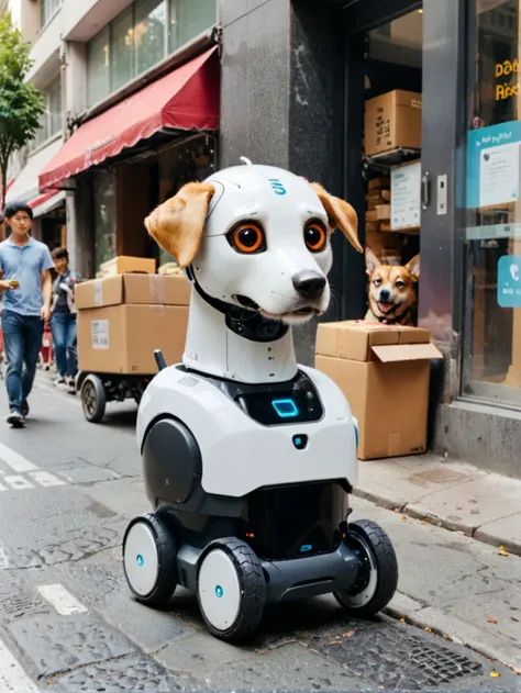 picture of (small delivery robot with dog head:1.1) waiting on crowded street <lora:SDXL DET dpo_lora_v1:1> <lora:SDXL DET RMSDXL_Enhance:1> <lora:SDXL DET more_art-full_v1:1>