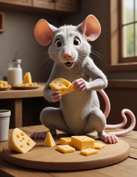 comic In this delightful 3d scene, we find ourselves immersed in the world of Claymation, cinematic shot, a charming Play-Doh style rat, solo, rat is meticulously crafted from clay and placed atop a wooden cutting board, meal on a table, small wedge of Swiss cheese on cutting board, rat eating cheese, eagerly devours with every bite, composition is expertly balanced, drawing our eyes to the adorable rodent, intricate details of its surroundings, showcases an infectious sense of whimsy that is sure to delight viewers young and old alike, style of Stan Manoukian and Moebius, . graphic illustration, comic art, graphic novel art, vibrant, highly detailed