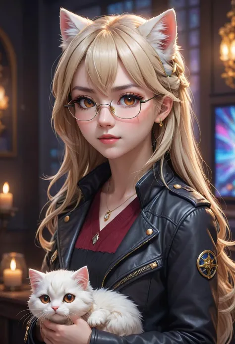 anime artwork Mesmerizing fusion of 3D and anime styles presents a stunning emo woman, adorned with half-rim glasses sans frames, exuding concern as she holds a fluffy white kitten close to her heart. Basking in the warm glow of candlelight, her backdrop is awash with vibrant colors that play off her dark attire. The leather jacket draped carelessly over her shoulders adds an edge to her otherwise serene demeanor. Her long, straight hair flows gracefully down her back, accentuating the intricacies of her facial features â particularly those captivating eyes that seem to hold secrets untold. Meticulously crafted using Absurdres:1.2, this masterpiece invites viewers into a world where emotions run deep and mysteries abound. It's a testament to the power of artistic expression and technological innovation coming together in perfect harmony. . anime style, key visual, vibrant, studio anime, highly detailed