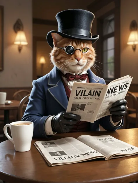 picture of cat with monocle and beard gloves hat reading newspaper title "VILLAIN NEWS" in open cafe cup of milk on table
<lora:SDXL DET more_art-full_v1:0.3>, masterpiece, best quality, high quality, highres, ultra-detailed
