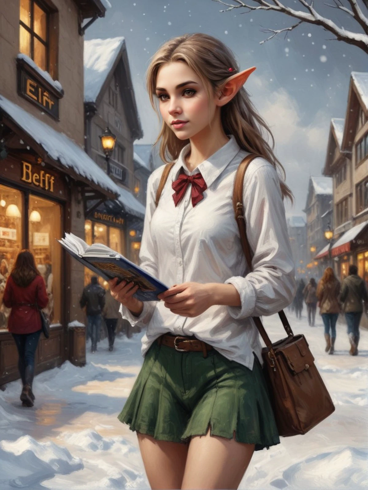 digital painting full body picture of girl elf ears in fluffy whit shirt distributes flyers near mall winter snow <lora:SDXL ST paint LaxpeintXL-2.0:1>