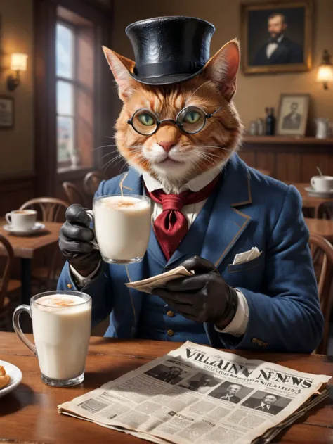 picture of cat with monocle and beard gloves reading newspaper title "VILLAIN NEWS" in open cafe cup of milk on table
<lora:SDXL DET more_art-full_v1:0.6:hr=1>, masterpiece, best quality, high quality, highres, ultra-detailed