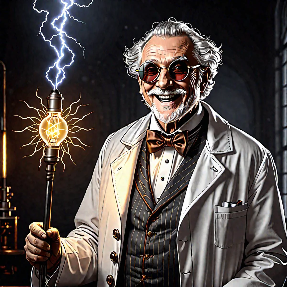 ((line art drawing)), old evil scientist, psycho, laughing, science coat, dark experiments, electricity sparks, victorian, dark science lab, steampunk sun glasses, dark atmosphere, Homunculus . highly detailed . professional, sleek, modern, minimalist, graphic, line art, vector graphics, high quality photography, 3 point lighting, flash with softbox, 4k, Canon EOS R3, hdr, smooth, sharp focus, high resolution, award winning photo, 80mm, f2.8, bokeh