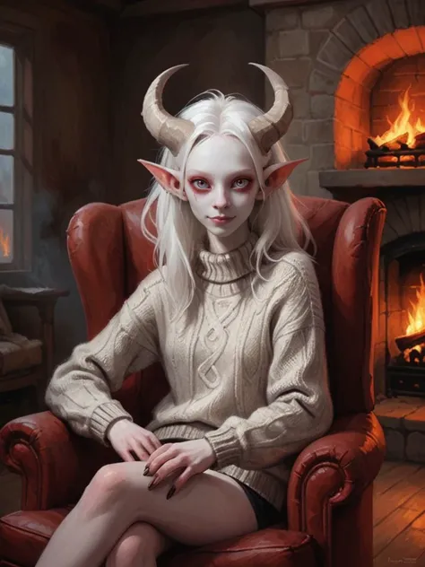 digital painting picture of skinny demon girl pale white skin white hair albino smokey eyes white sclera horns pointy ears smile in warm sweater sitting in comfy chair near fireplace <lora:SDXL CHA Pale Demon:1> <lora:SDXL ST paint LaxpeintXL-2.0:0.4>