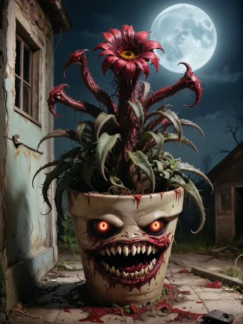 grim picture of flower pot with monster devilish carnivorous flower 1eye with sharp teeth with tentacles thorns growing out of it In decrepit abandoned house. Horror theme. Blood splatter. Night lit by moon
<lora:SDXL DET more_art-full_v1:0.8>