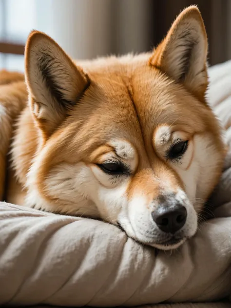 closeup of an shiba inu dog is sleeping on a bed , detailed, realistic, 8k uhd, high quality