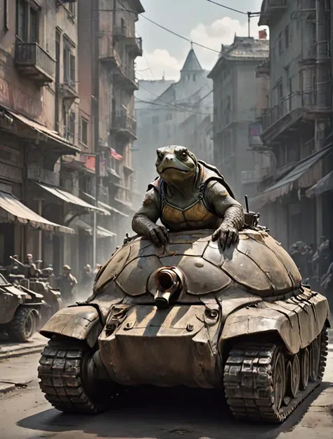 rendition, why is a turtle disguised as a warlord trying to buy a tank?, suspicious, strange, cinematic, deep shadows, concept art, digital art, perfect composition, detailed, high resolution, low saturation, lowkey, Low Contrast, feral,  <lora:- SDXL - stnerfx _Stoned_Fox_Style_V4.0:0.6>