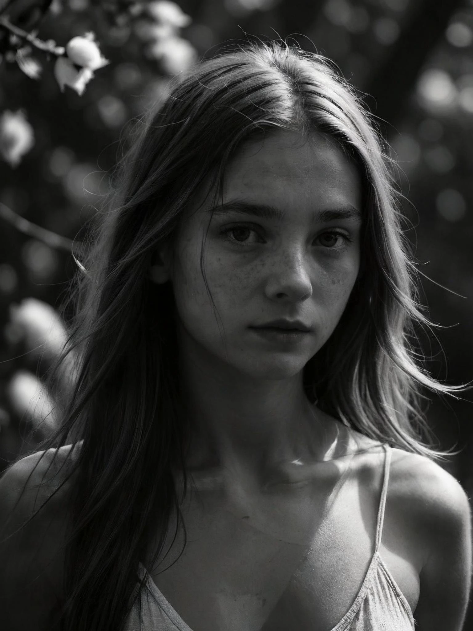 RAW candid photo, (cotton shift:1.7),
an intimate black-and-white photograph capturing the natural beauty and vulnerability of a young woman with long hair, revealing a deep connection with the human form and an exploration of the intersection between innocence and sensuality,
displaying a nuanced interplay of light and shadow, creating a timeless and evocative quality that invites viewers to reflect on the complexities of identity, self-acceptance, and the evolving nature of human relationships,
in the style of Jock Sturgess,
(captured with an 8x10 Deardorff), monochrome,
<lora:RMSDXL_Enhance:1>,
<lora:add-detail-xl:0.8>,
<lora:RMSDXL_Darkness_Cinema:1>