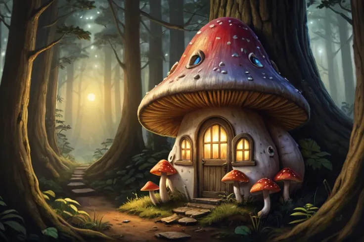 A mushroom with window and doors,in the evening in the forest and inside the light shines,in a fairy-tale forest with the forest dwellers,dwarves,elves,fireflies,who await the night in the last rays of the sun,colored pencil drawing,very high details,voluminous light,8k,hires,hi-res,hyperrealistic,