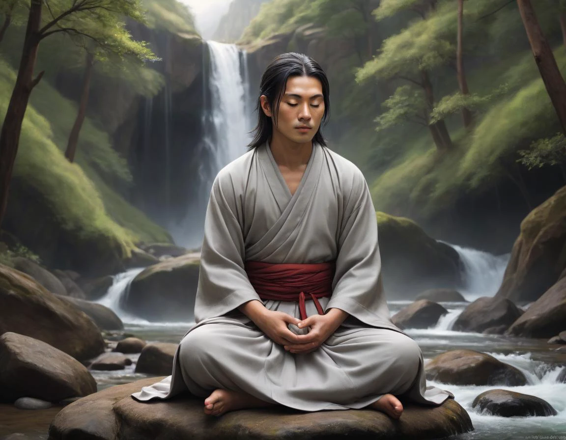 dreamscape In this stunning 3D anime style visual a peaceful and tranquil mountain landscape is brought to life. The gentle breeze carries the scent of pine trees and wildflowers, while the soft rustling of leaves adds to the serene ambiance. A small stream meanders through the valley below, its soothing soundtrack accompanying the viewer's journey into this idyllic setting.
At the heart of this scene sits a young Tibetan monk, his delicate features painted with intricate detail. His almond-shaped eyes are closed in deep meditation, his face serene and calm as he focuses on his breath. Around him, the wind gently tousles his raven-black hair, which cascades down his back in a waterfall of silken strands. His robes flow gracefully around him like liquid silver, billowing outwards as if caught by an invisible breeze. . surreal, ethereal, dreamy, mysterious, fantasy, highly detailed