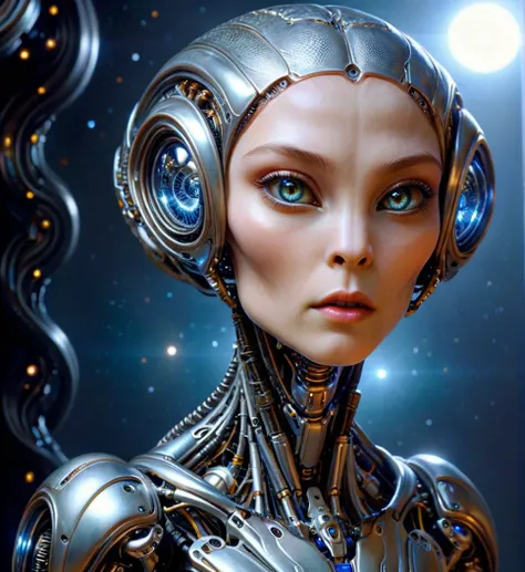sfw, ((biomechanical full body:1.5)) <lora:add-detail-xl:.41>, [(a   1girl(((robotic))) alien:1.5)], highly detailed, [attractive natural pale human skin on face, attractive makeup, [ large crocodile  eyes(led backlight)], human face,  moist lips, clear separation between lips and teeth], subtle expression of  excitement, cinematic flair, absolute realism, vivid color and contrast,  otherworldly,  celestial, evil, cinematic,  <lora:alienzkin:.8> alienzkin:2futuristicomechanical full body:1.5))