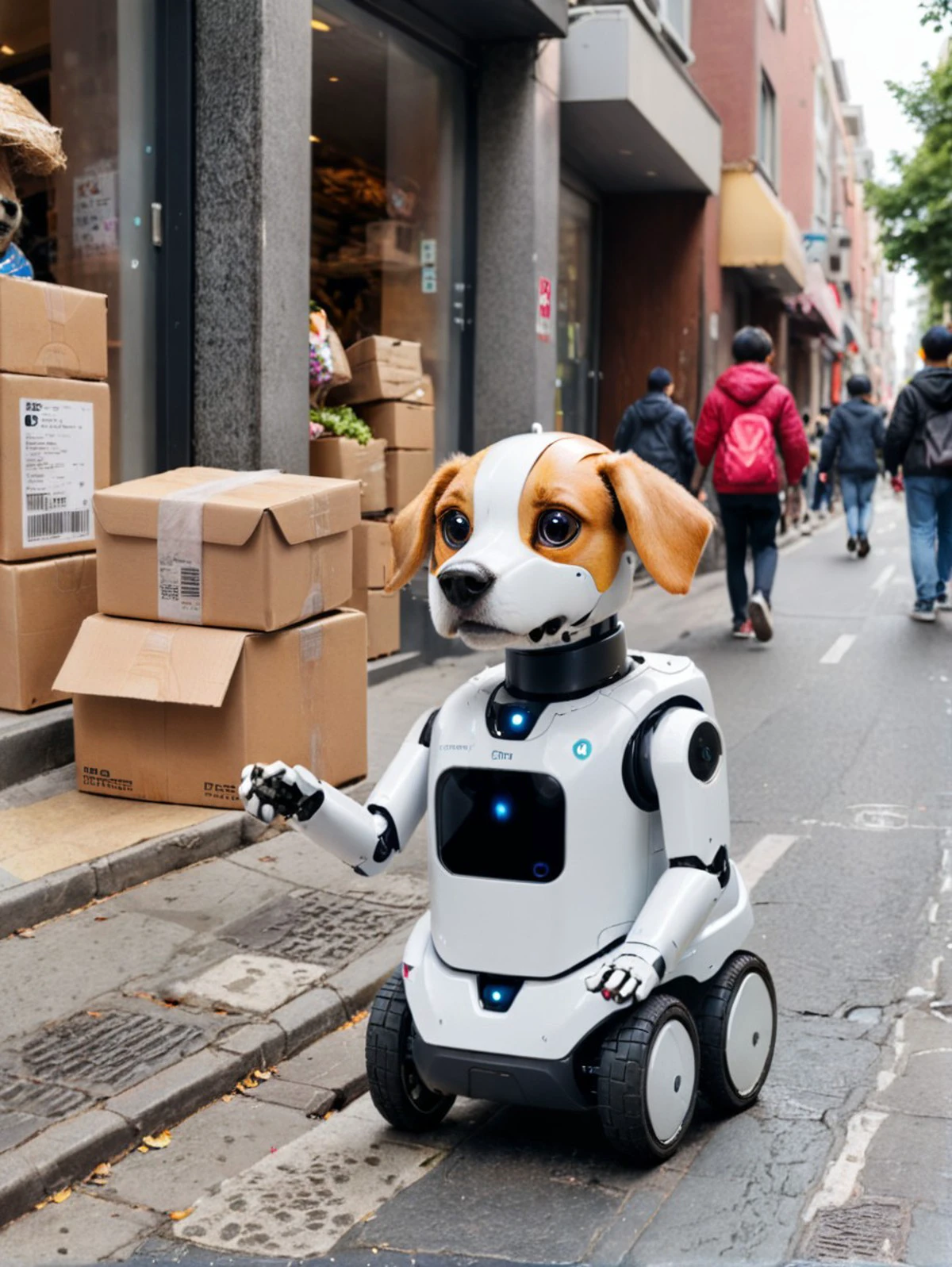 picture of (small delivery robot with dog head:1.1) waiting on crowded street <lora:SDXL DET dpo_lora_v1:1> <lora:SDXL DET RMSDXL_Enhance:1> <lora:SDXL DET more_art-full_v1:1>