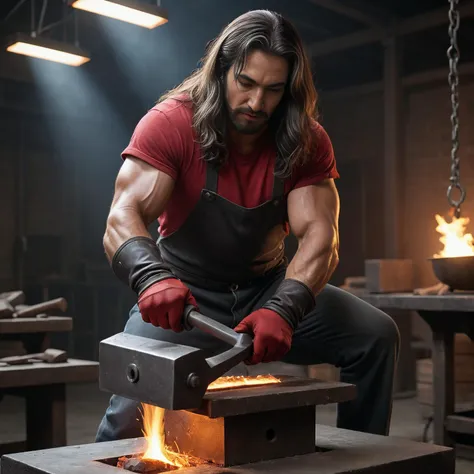 a long haired hispanic man hammers a red hot piece of metal over an anvil,age:32,thick fireproof gloves,photograph,hyper realistic,insanely detailed,male_focus,((full_shot)),photograph,realistic skin,8k,octane render,highly detailed,volumetric,dramatic lighting,beautiful anatomy,beautiful faces,<lora:add-detail-xl:1.3>,overhead lighting,