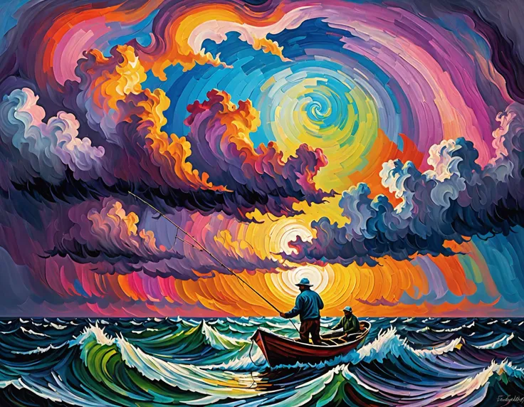 an impressionistic artwork LSD Trip an fisherman on open see in a stormy see ,colorful sky