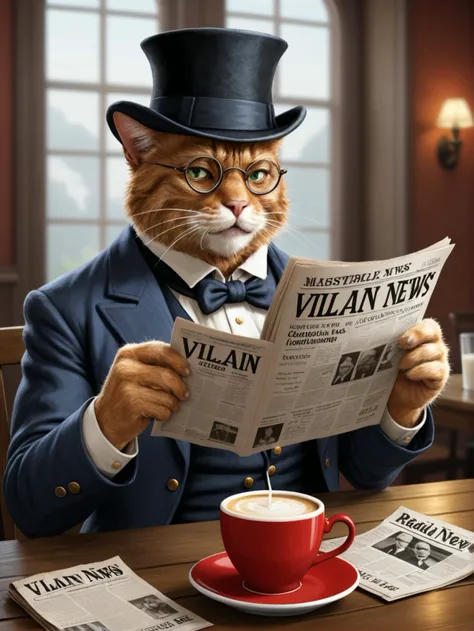 picture of cat with monocle and beard reading newspaper title "VILLAIN NEWS" in open cafe cup of milk on table, masterpiece, best quality, high quality, highres, ultra-detailed