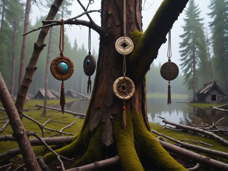 picture of abandoned village deep in Siberian taiga near lake. Shamanic talismans and amulets hanging from tree branches. Unsettling atmosphere of mysticism and hidden danger, unseen presence.
<lora:SDXL DET dpo_lora_v1:1> <lora:SDXL DET RMSDXL_Enhance:1>