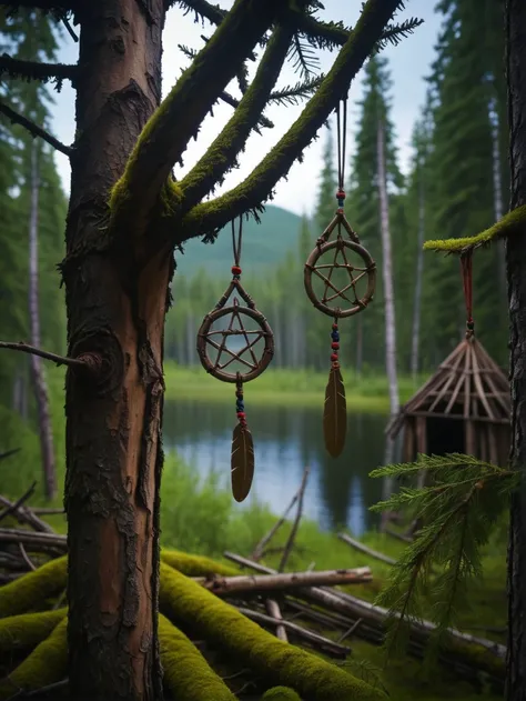 picture of abandoned village deep in Siberian taiga near lake. Shamanic talismans and amulets hanging from tree branches. Unsettling atmosphere of mysticism and hidden danger, unseen presence.
<lora:SDXL DET dpo_lora_v1:1>