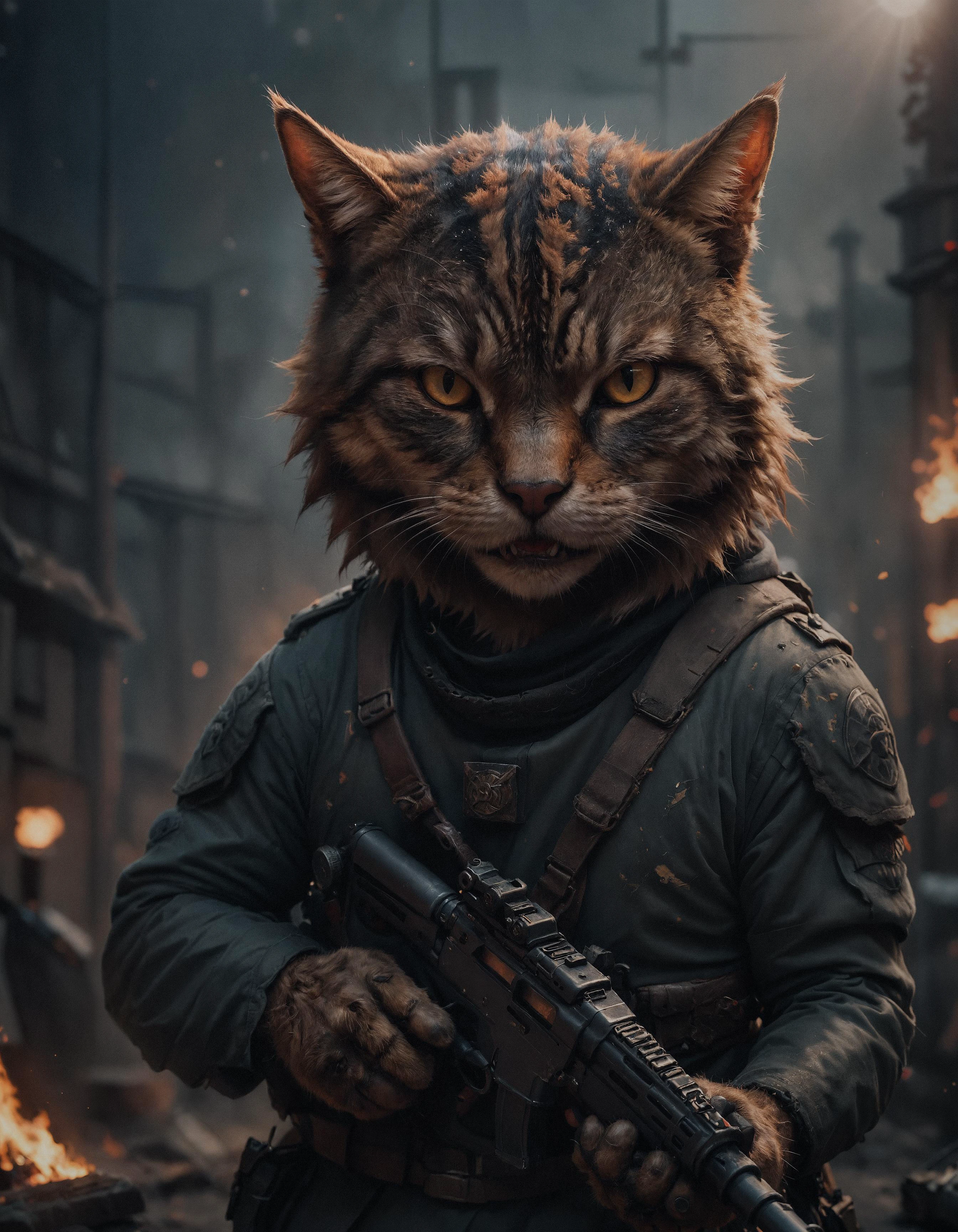 cinematic photo closeup of an cut cat soldier holding his detailed ak47 towards the camera, fangs , paws, angry, high quality photography, 3 point lighting, flash with softbox, 4k, Canon EOS R3, hdr, smooth, sharp focus, high resolution, award winning photo, 80mm, f2.8, bokeh . 35mm photograph, film, bokeh, professional, 4k, highly detailed
<lora:xl_more_art-full_v1:0.5>, <lora:add-detail-xl:1.0>, <lora:aesthetic_anime_v1sXL:1.1>, <lora:polyhedron_all_sdxl-000004:0.15>, <lora:extremely_detailedXL:1.0>, <lora:sd_xl_dpo_lora_v1:0.50>, <lora:EnvyAwesomizeXL01:0.50>, <lora:SDXLFaeTastic2400:0.30>, <lora:ral-dissolve-sdxl:0.25>, <lora:AnalogRedmondV2-Analog-AnalogRedmAF:0.50>,