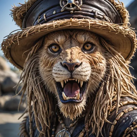 Epic closeup photo insane details of an cute lion pirate wearing a straw hat fangs  made of glass shards , undefined